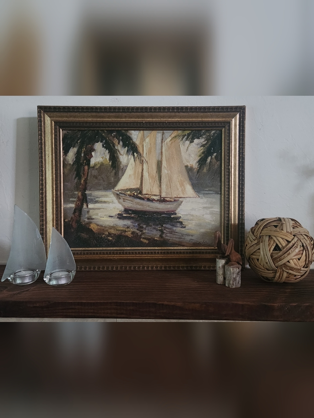 Framed Coastal Sailboat Oil Painting in Cream and Brown